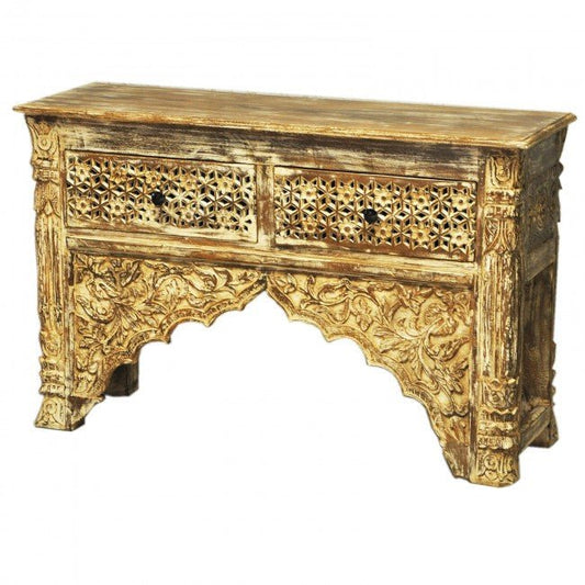 Mehrab Style Carved Console Table/Hall Table with Drawers - Cream Wash – handcrafted solid wood furniture