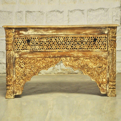 Mehrab Style Carved Hall Table with One Drawer by Hibashi Furniture – handcrafted solid wood furniture made in India