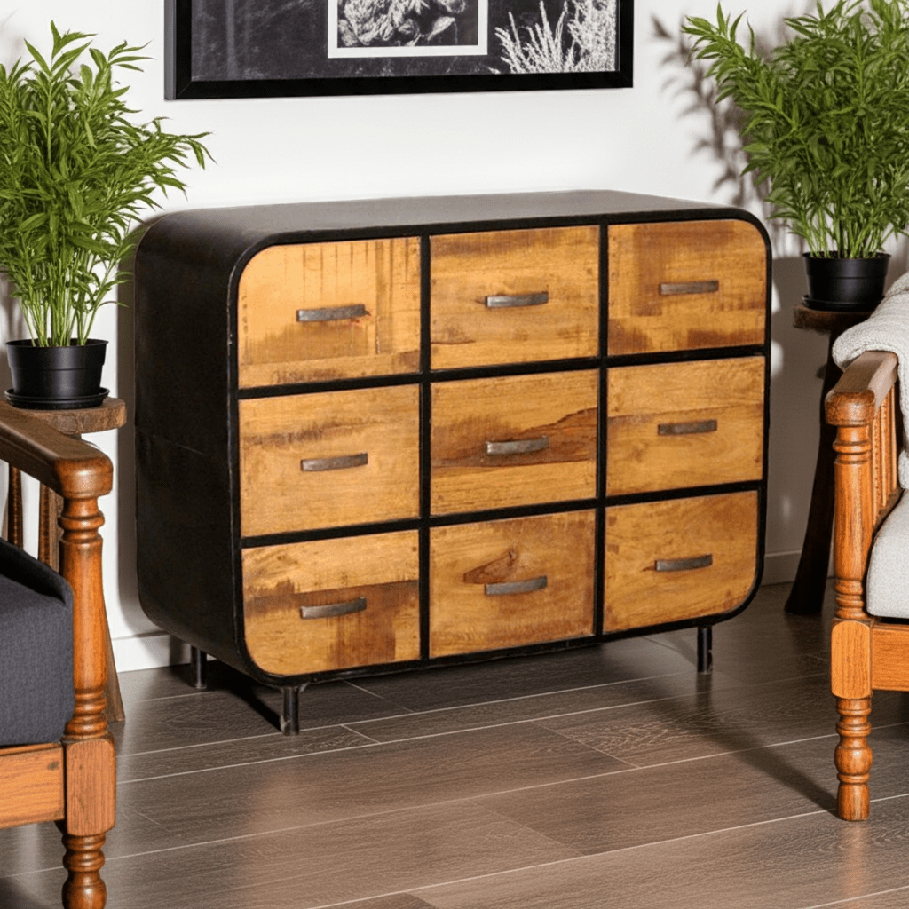 Miller Industrial Timber Iron Chest of Drawers – handcrafted solid wood furniture