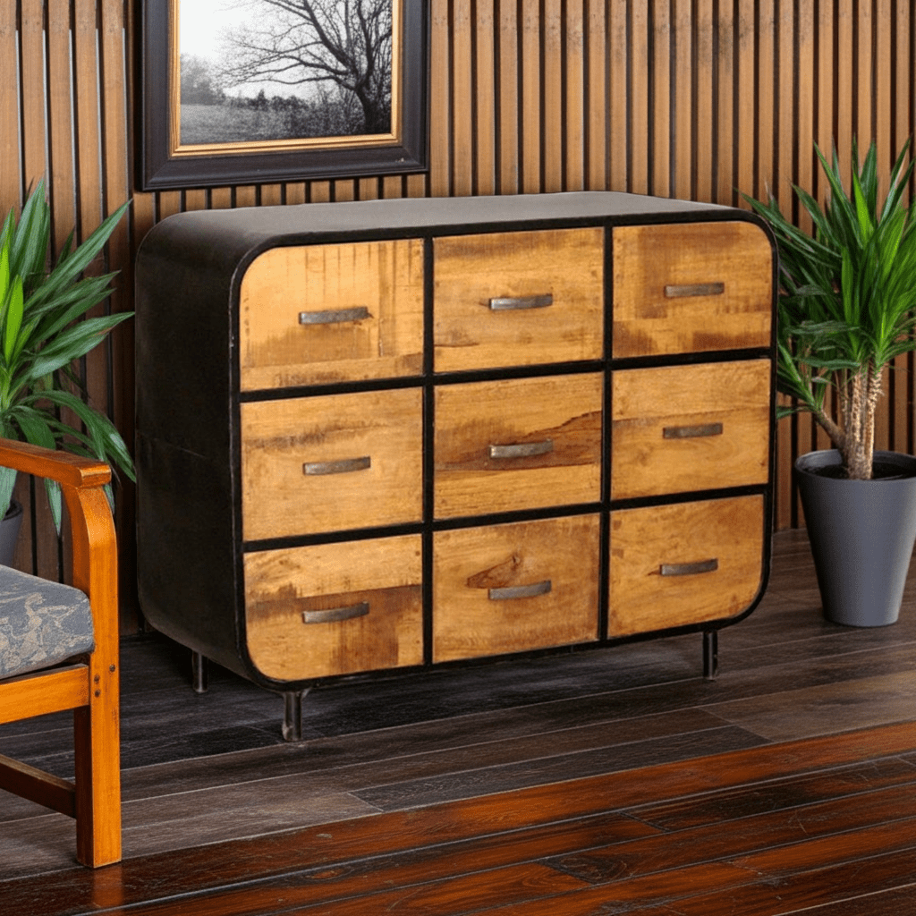 Miller Industrial Timber Iron Chest of Drawers – handcrafted solid wood furniture