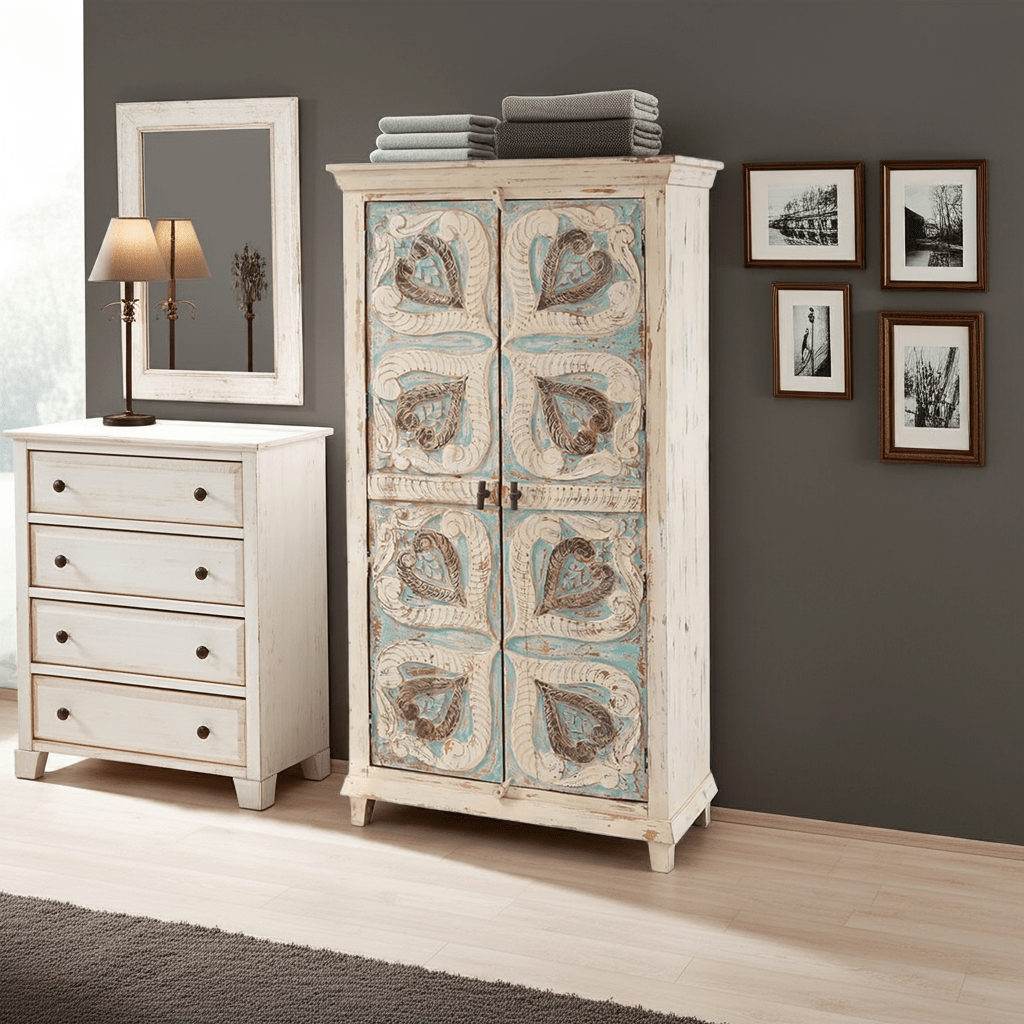Mimosa Distressed White Hand - carved Solid Wood Vintage Armoire – handcrafted solid wood furniture