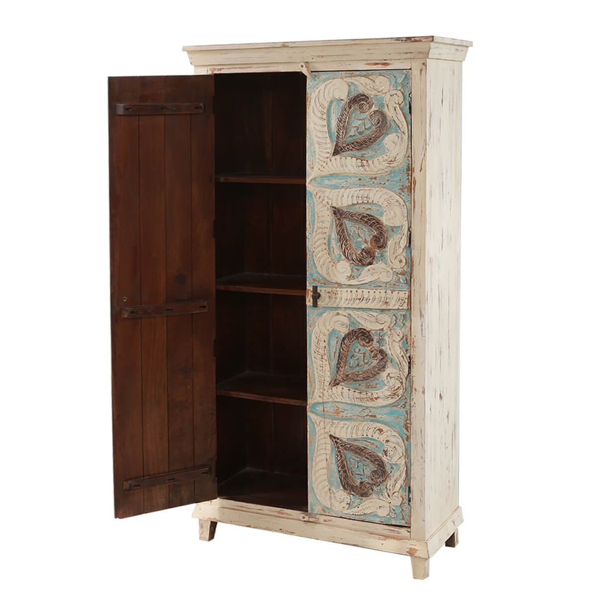 Mimosa Distressed White Hand - carved Solid Wood Vintage Armoire – handcrafted solid wood furniture