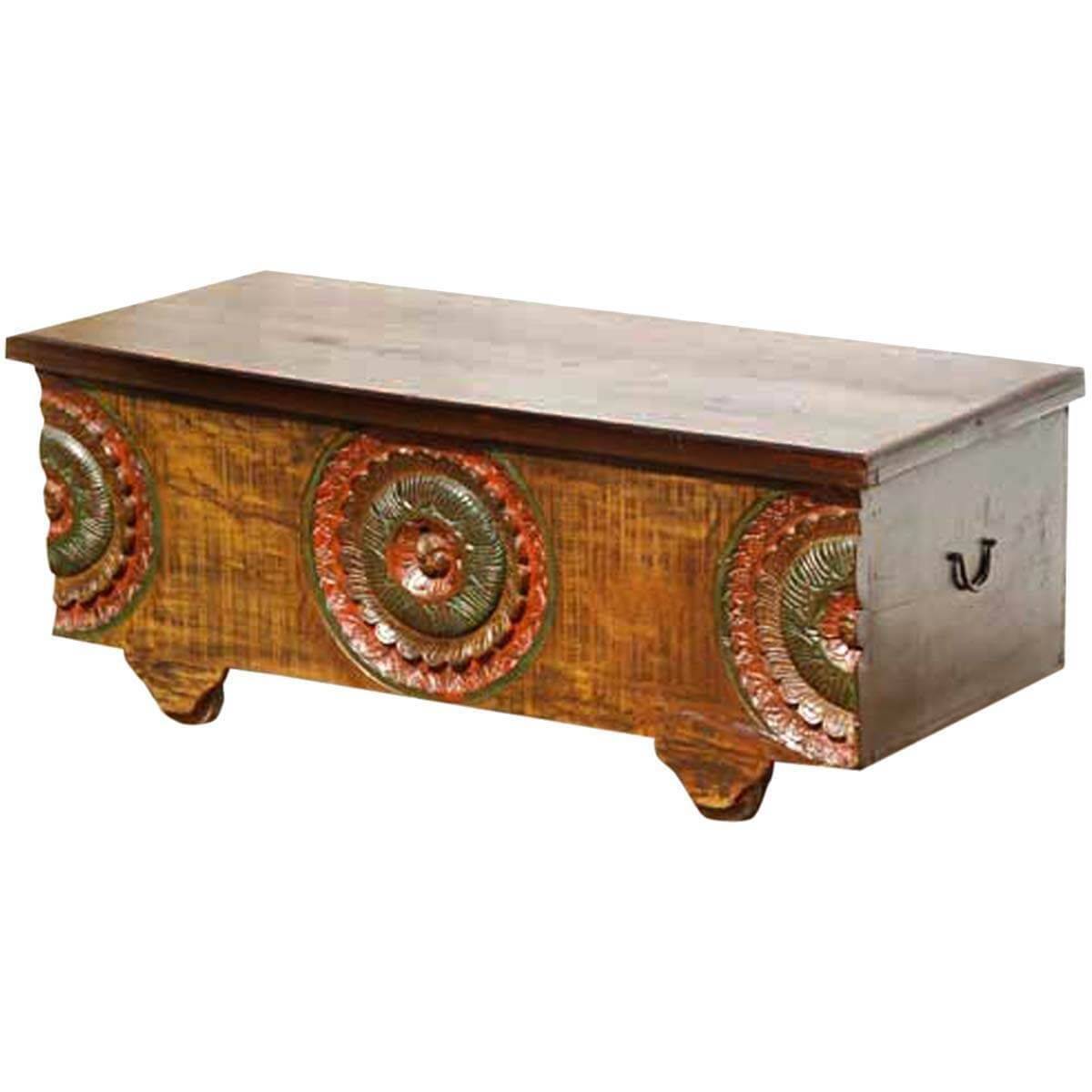 MIYA Antique Style Carved Wood Storage Trunk Coffee Table – handcrafted solid wood furniture