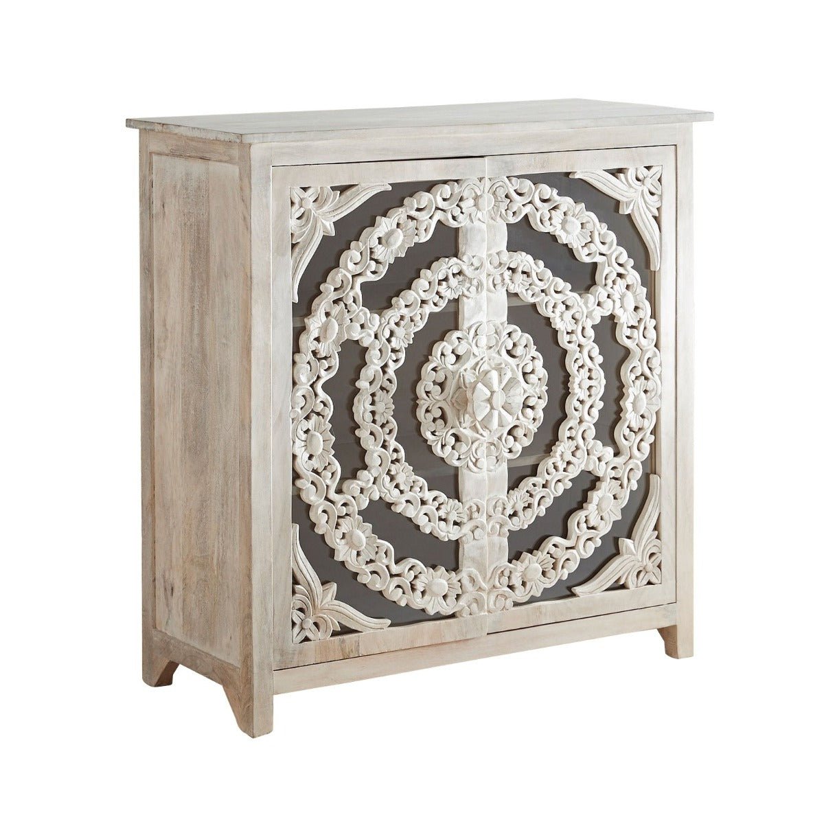 Modern Handcarved Indian Floral Arched Carved Glass Doors Sideboard – handcrafted solid wood furniture