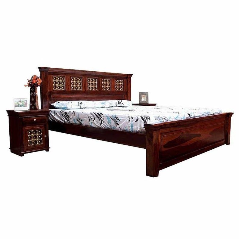 Mogra Antique Brass Work Maharaja Hand Carved Bed frame – handcrafted solid wood furniture