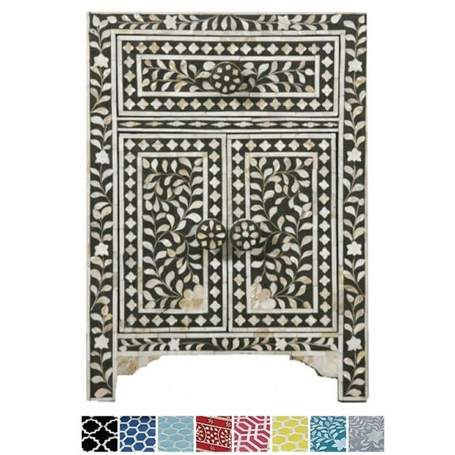 Mother of Pearl Bone Inlay Handmade Bedside Table – handcrafted solid wood furniture