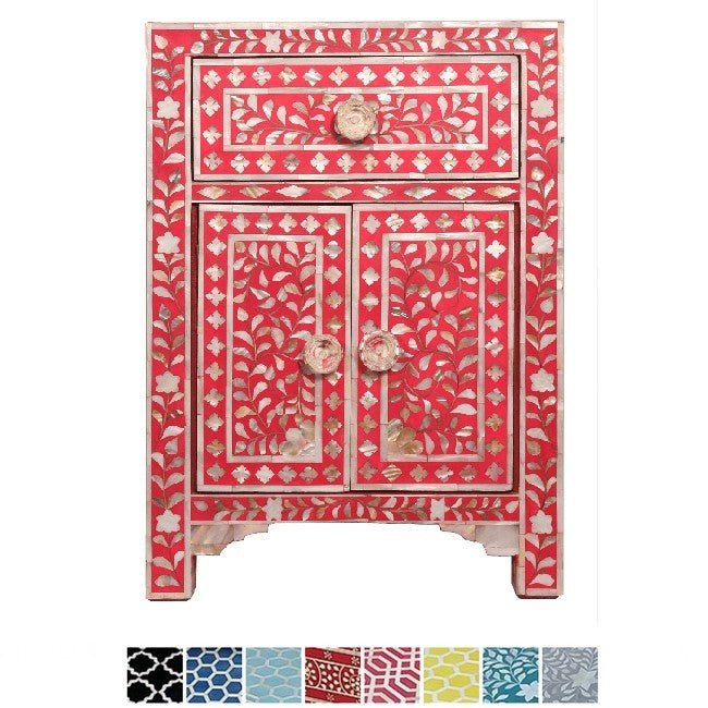 Mother of Pearl Bone Inlay Handmade Bedside Table – handcrafted solid wood furniture