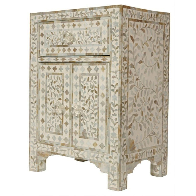 Mother of Pearl Bone Inlay Handmade Bedside Table by Hibashi Furniture – handcrafted solid wood furniture made in India