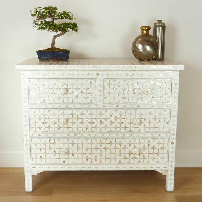 Mother of Pearl Star Geometrical Design 4 Drawer Chest – handcrafted solid wood furniture