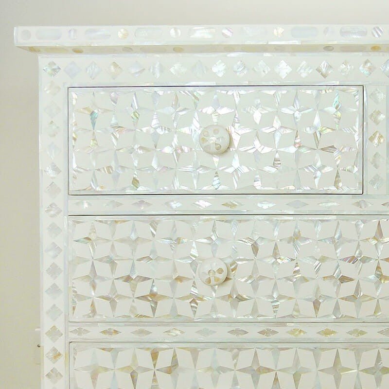 Mother of Pearl Star Geometrical Design 4 Drawer Chest – handcrafted solid wood furniture