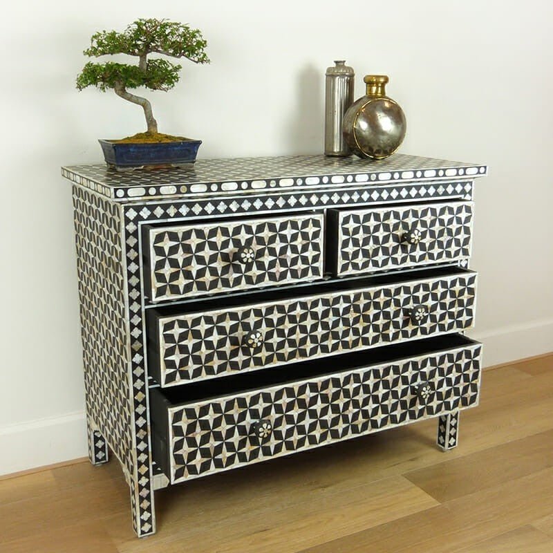Mother of Pearl Star Geometrical Design 4 Drawer Chest – handcrafted solid wood furniture