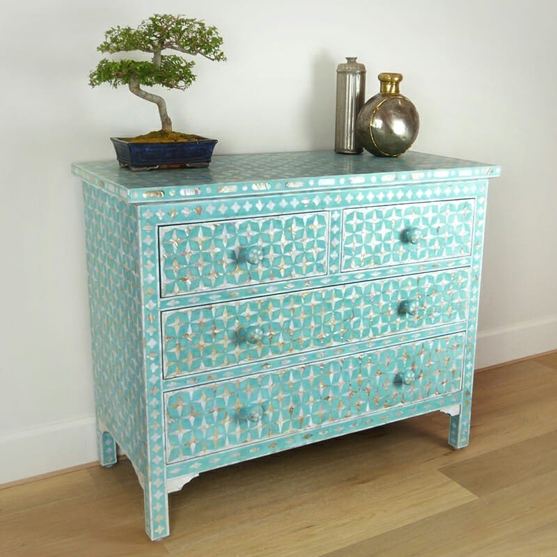 Mother of Pearl Star Geometrical Design 4 Drawer Chest – handcrafted solid wood furniture