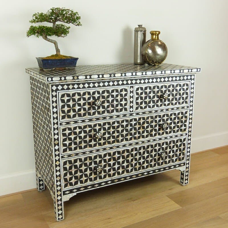Mother of Pearl Star Geometrical Design 4 Drawer Chest – handcrafted solid wood furniture