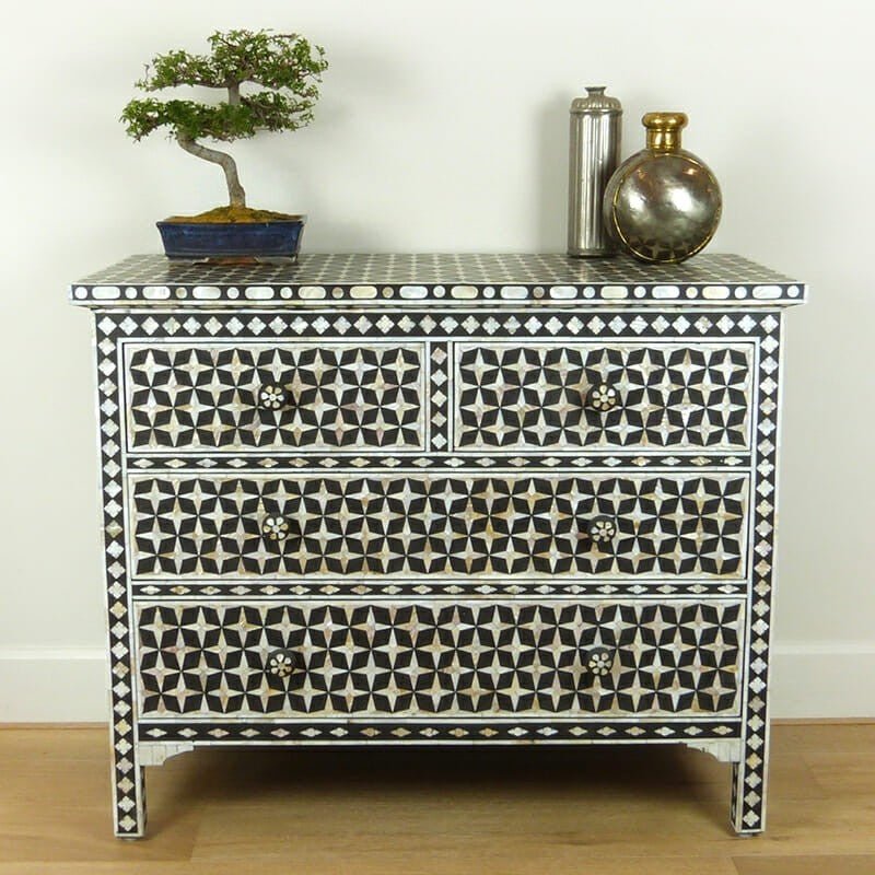 Mother of Pearl Star Geometrical Design 4 Drawer Chest – handcrafted solid wood furniture