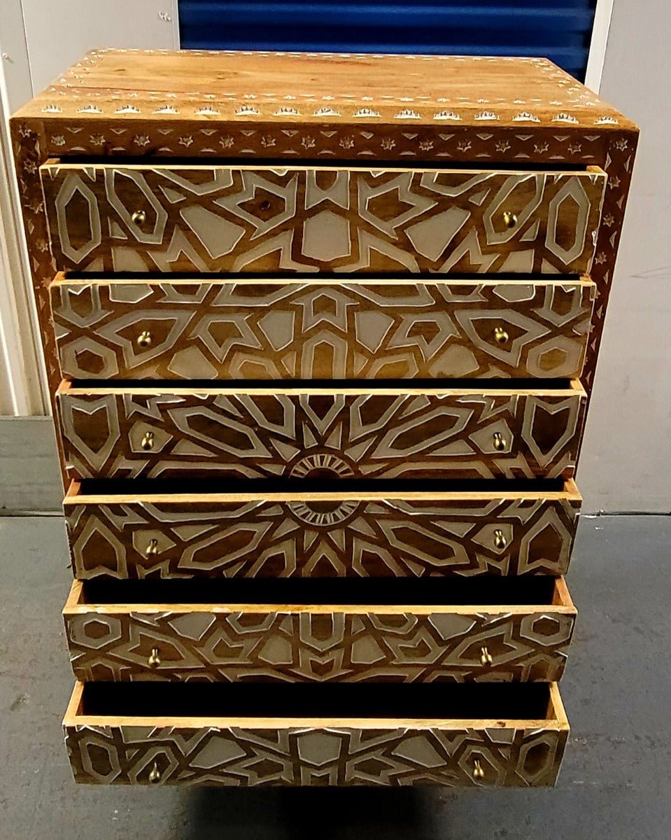Mughal Garden Geometrical Carved Natural 2 Tone 6 Drawer Chest – handcrafted solid wood furniture