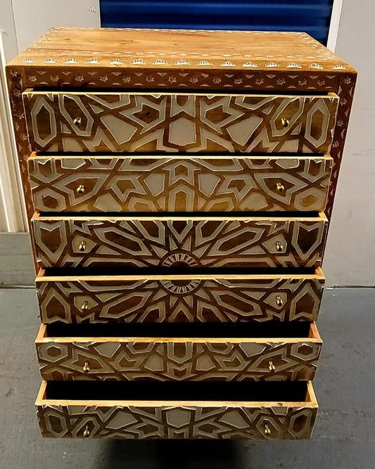 Mughal Garden Geometrical Carved Natural 2 Tone 6 Drawer Chest – handcrafted solid wood furniture