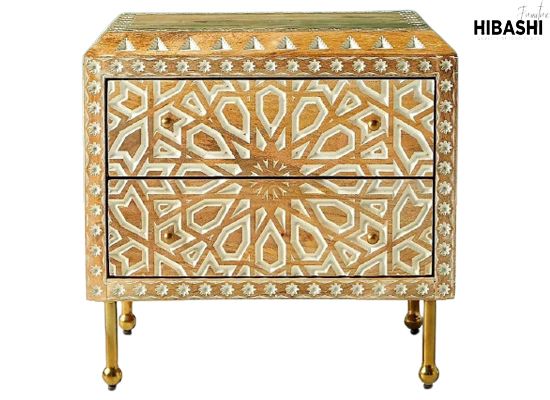 Mughal Garden Geometrical Carved Natural 2 Tone Bedside / Nightstand – handcrafted solid wood furniture