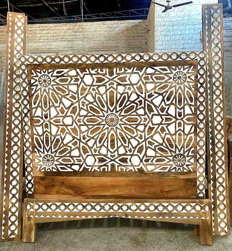 Mughal Garden Geometrical Carved Natural Frame 2 Tone – handcrafted solid wood furniture