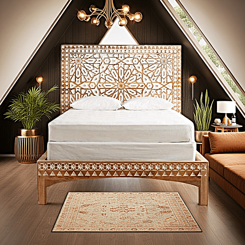 Mughal Garden Geometrical Carved Natural Frame 2 Tone – handcrafted solid wood furniture