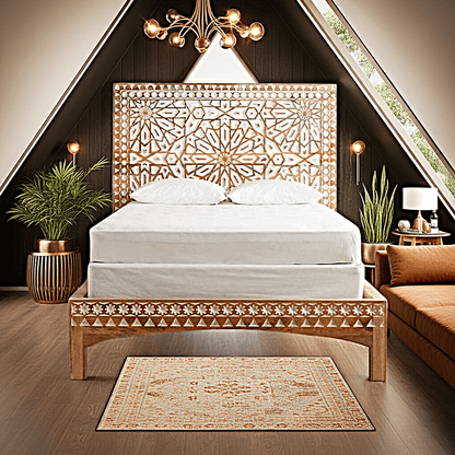 Mughal Garden Geometrical Carved Natural Frame 2 Tone – handcrafted solid wood furniture