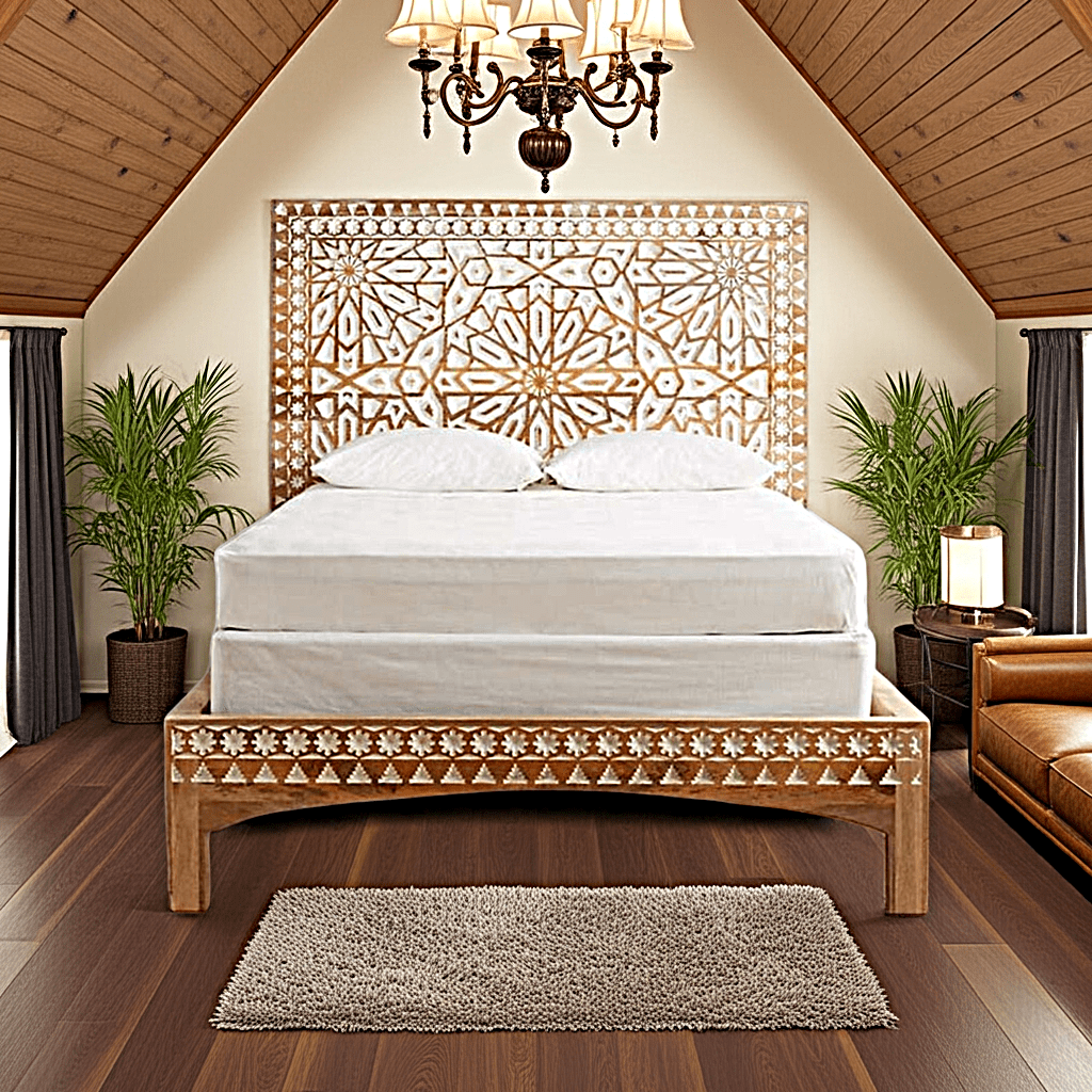 Mughal Garden Geometrical Carved Natural Frame 2 Tone by Hibashi Furniture – handcrafted solid wood furniture made in India