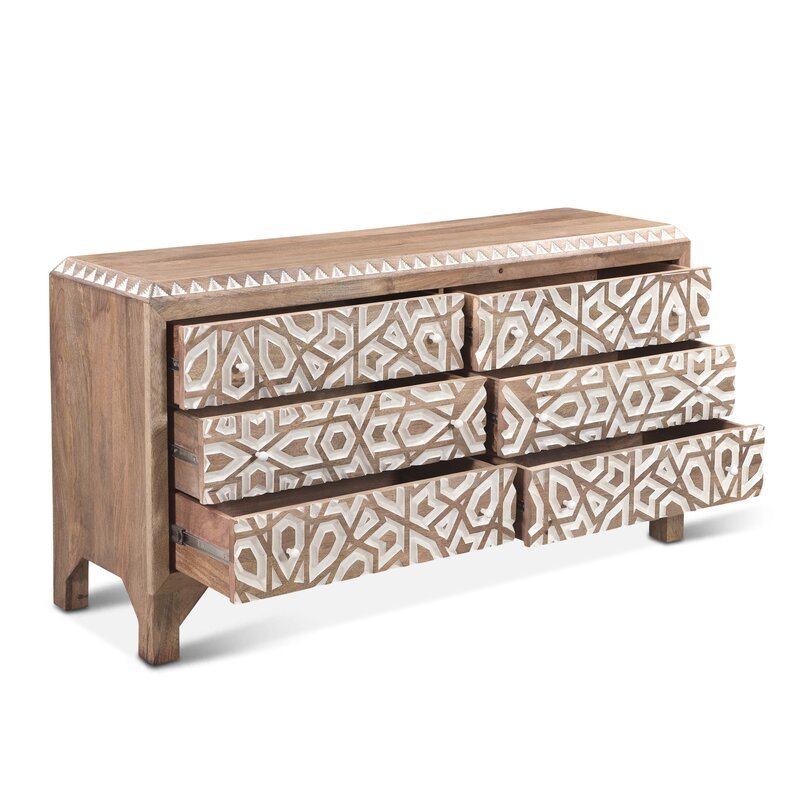 Mughal Garden Geometrical Hand Carved Natural 6 Drawers 2 Tone Dresser – handcrafted solid wood furniture