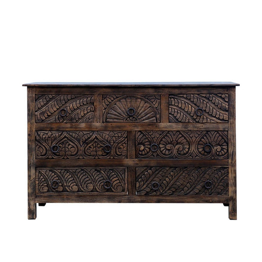 Mughal Garden Indian Hand Carved Reclaimed Wood 7 Drawer Rustic Dresser – handcrafted solid wood furniture