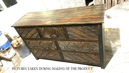 Mughal Garden Indian Hand Carved Reclaimed Wood 7 Drawer Rustic Dresser – handcrafted solid wood furniture