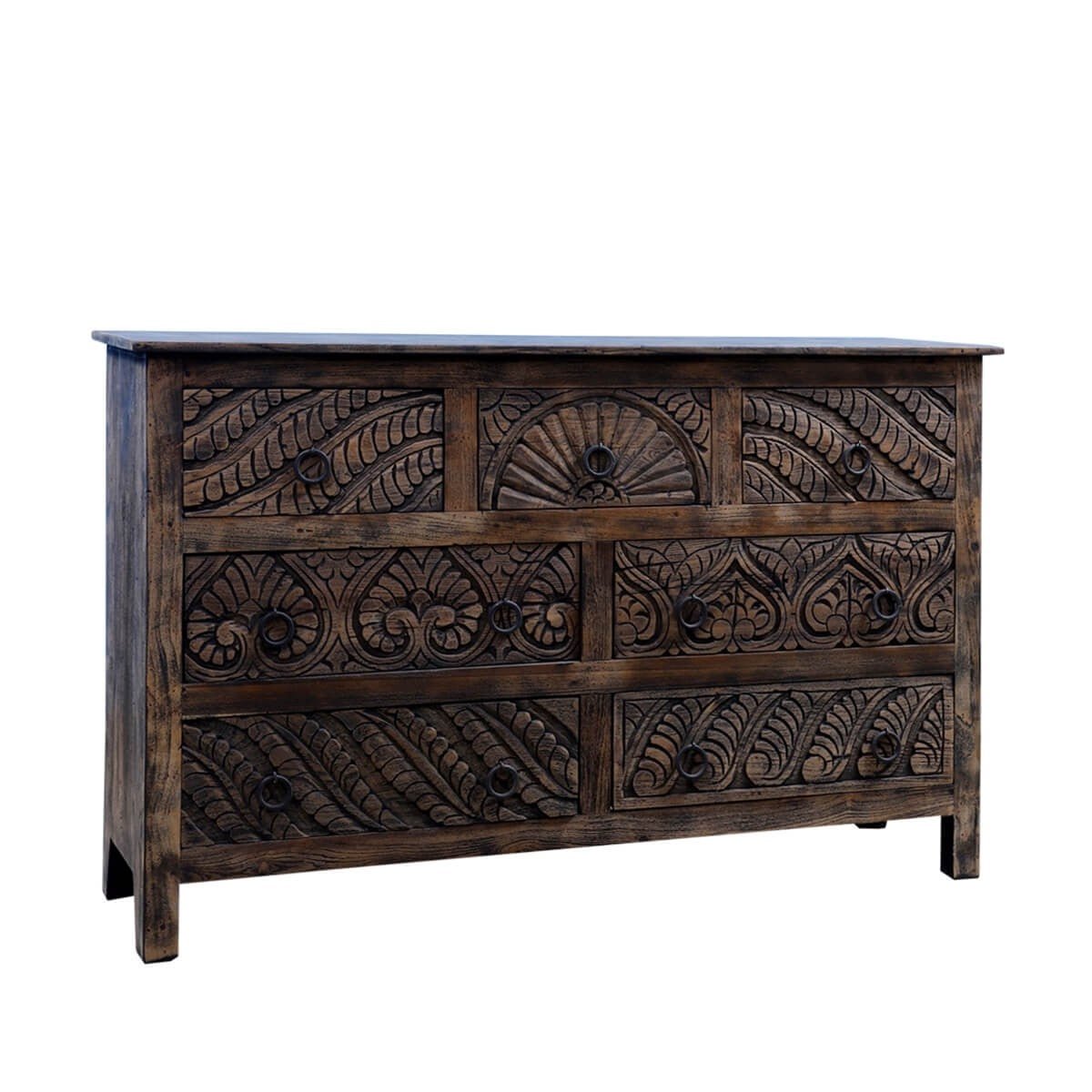 Mughal Garden Indian Hand Carved Reclaimed Wood 7 Drawer Rustic Dresser – handcrafted solid wood furniture