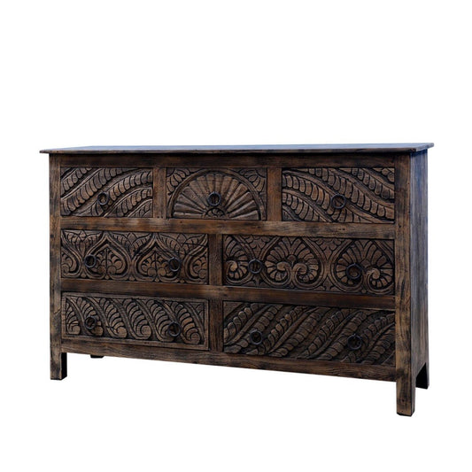 Mughal Garden Indian Hand Carved Reclaimed Wood 7 Drawer Rustic Dresser – handcrafted solid wood furniture