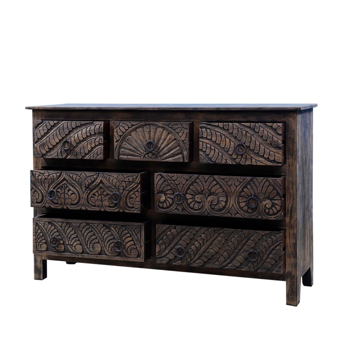 Mughal Garden Indian Hand Carved Reclaimed Wood 7 Drawer Rustic Dresser – handcrafted solid wood furniture