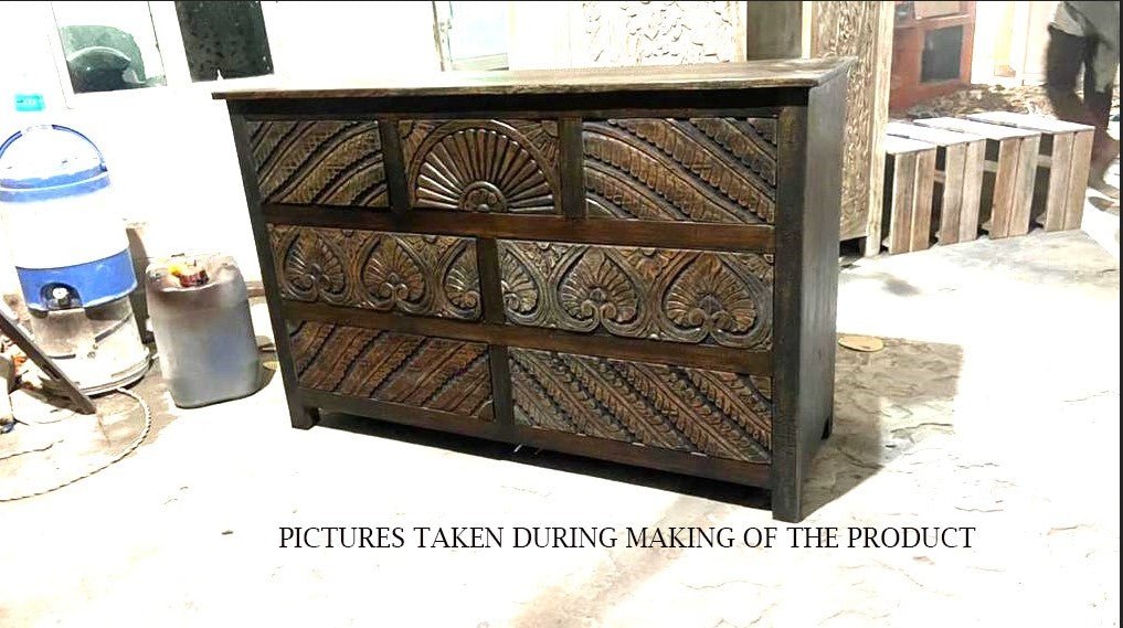 Mughal Garden Indian Hand Carved Reclaimed Wood 7 Drawer Rustic Dresser – handcrafted solid wood furniture