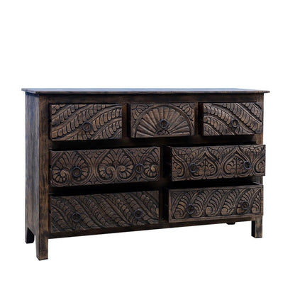 Mughal Garden Indian Hand Carved Reclaimed Wood 7 Drawer Rustic Dresser – handcrafted solid wood furniture