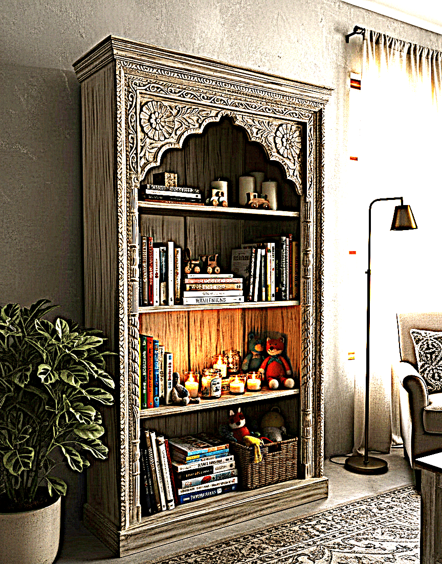 Mughal Style Indian Bookshelf – handcrafted solid wood furniture