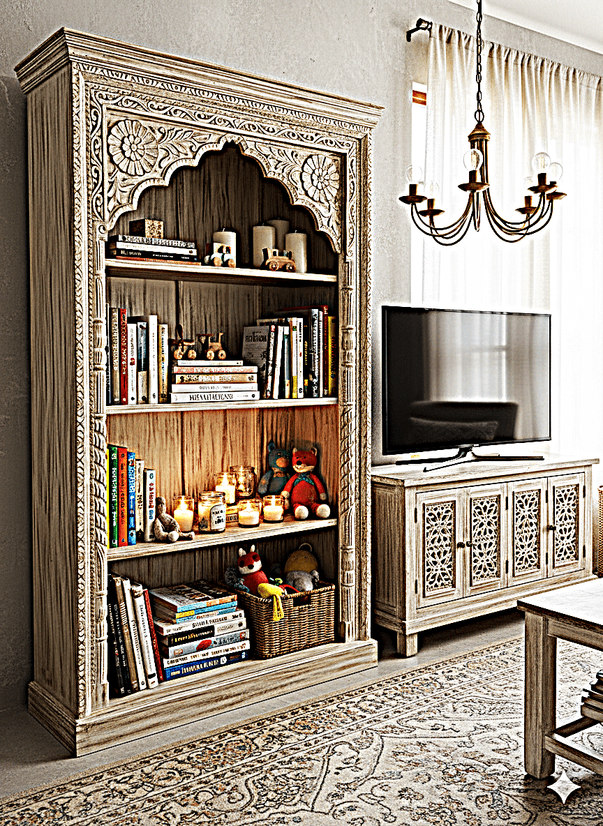 Mughal Style Indian Bookshelf – handcrafted solid wood furniture