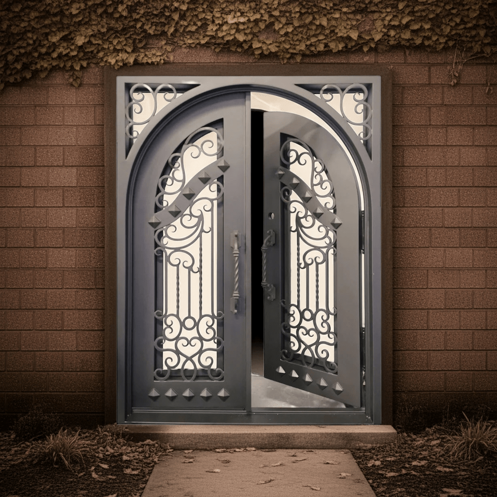 Nancy Wrought Iron Double Door Square Frame Arched – handcrafted solid wood furniture