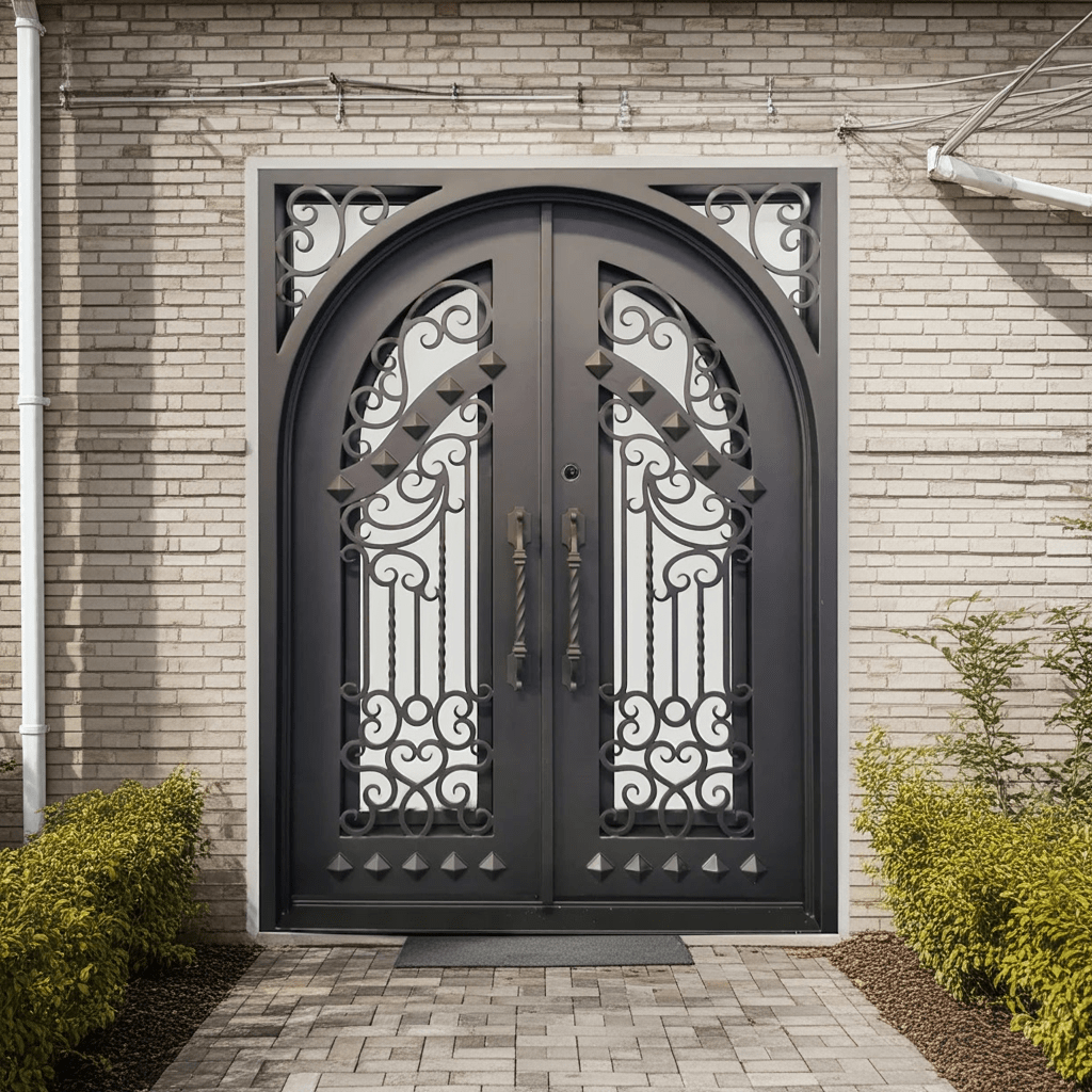 Nancy Wrought Iron Double Door Square Frame Arched – handcrafted solid wood furniture