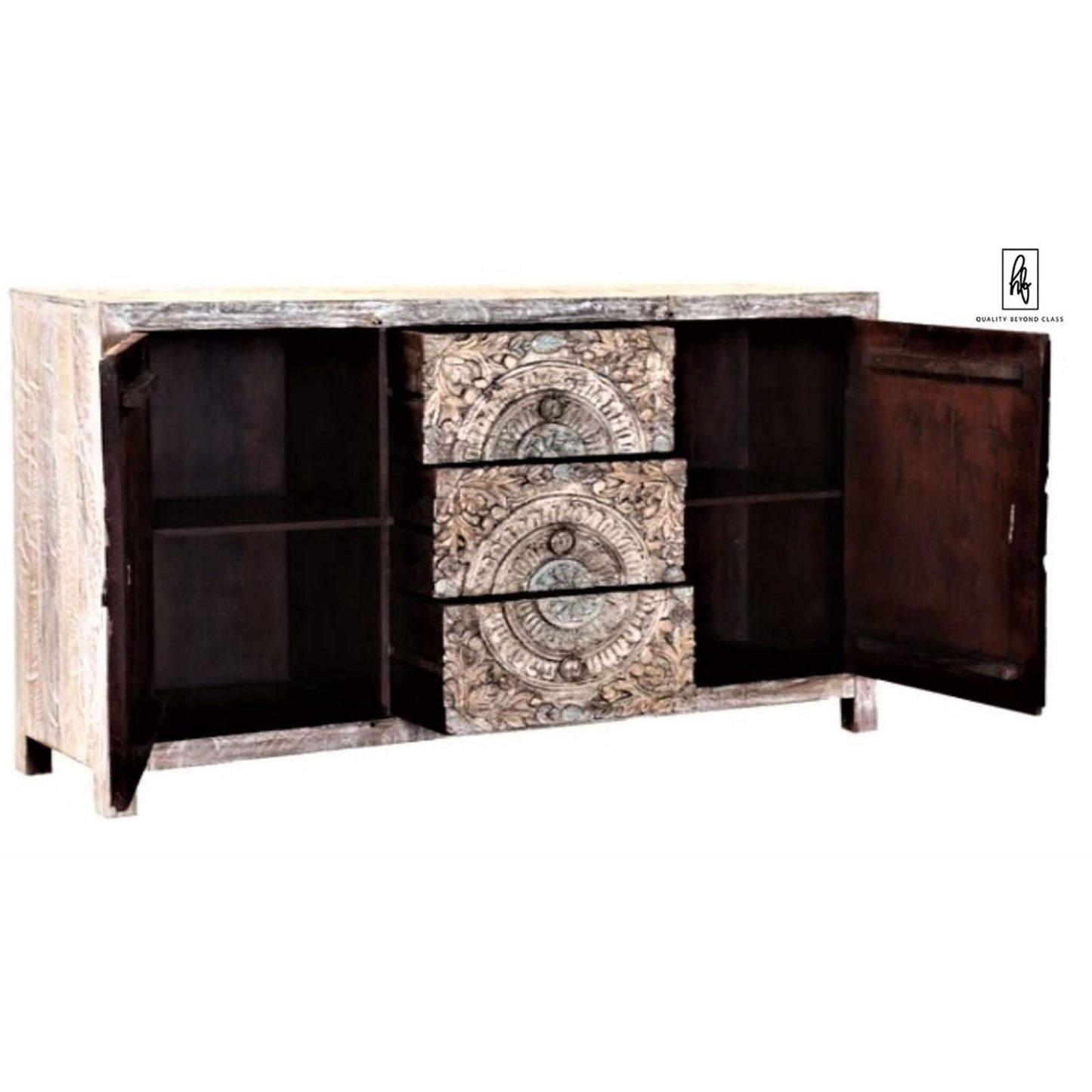 Oring Hand - Carved Solid Mango Wood Buffet Table – Indian - Style Carved Sideboard – handcrafted solid wood furniture