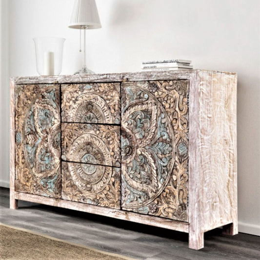 Oring Hand - Carved Solid Mango Wood Buffet Table – Indian - Style Carved Sideboard – handcrafted solid wood furniture