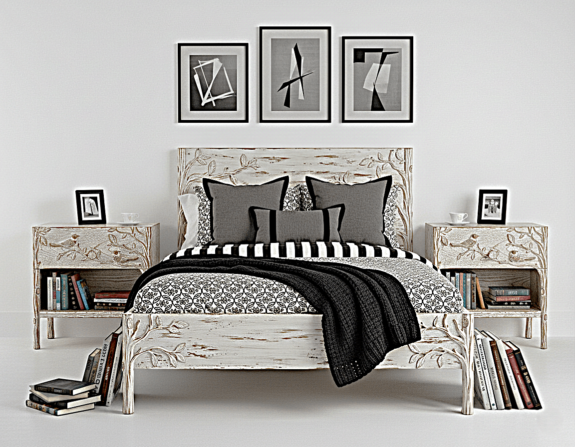 Ornithology Tree Hand - Carved Solid Wooden Bed / Bedroom 3 Piece Set – handcrafted solid wood furniture