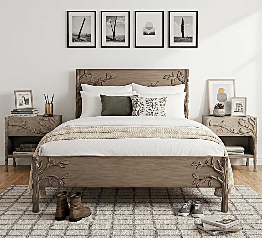 Ornithology Tree Hand - Carved Solid Wooden Bed / Bedroom 3 Piece Set – handcrafted solid wood furniture