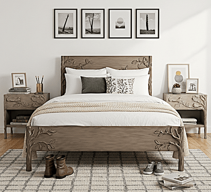 Ornithology Tree Hand-Carved Solid Wooden Bed / Bedroom 3-Piece Set – handcrafted solid wood furniture