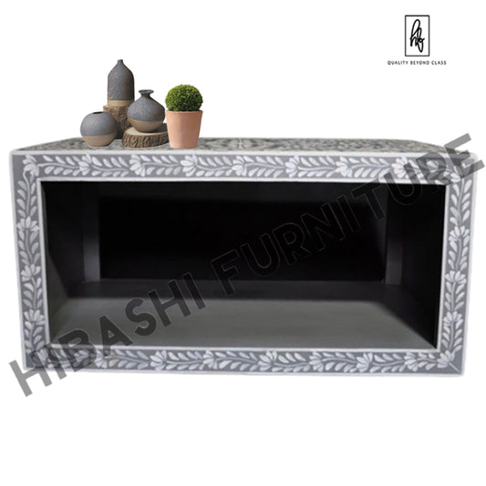 Pandora Bone inlay Gray Floral Coffee Table – handcrafted solid wood furniture