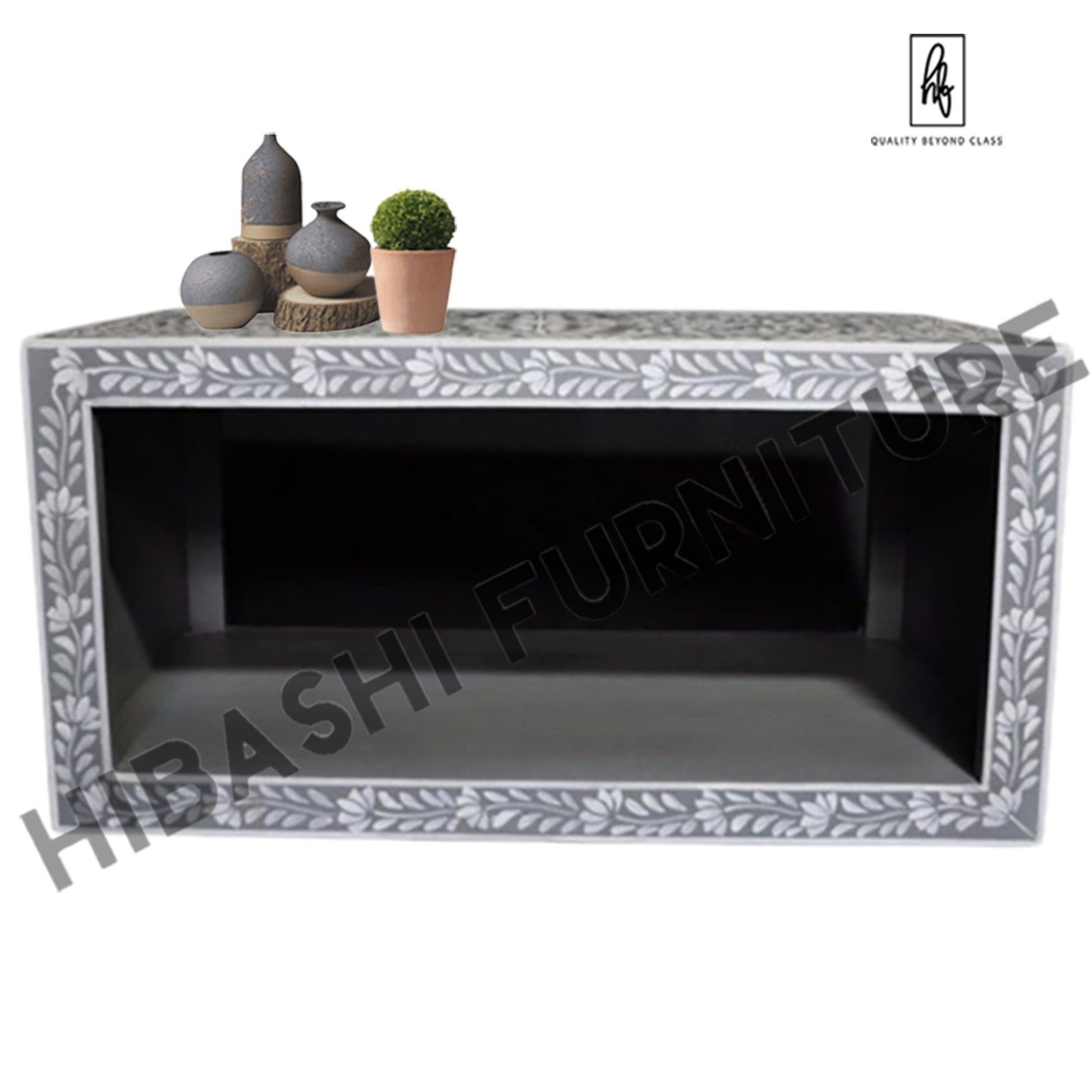 Pandora Bone inlay Gray Floral Coffee Table – handcrafted solid wood furniture