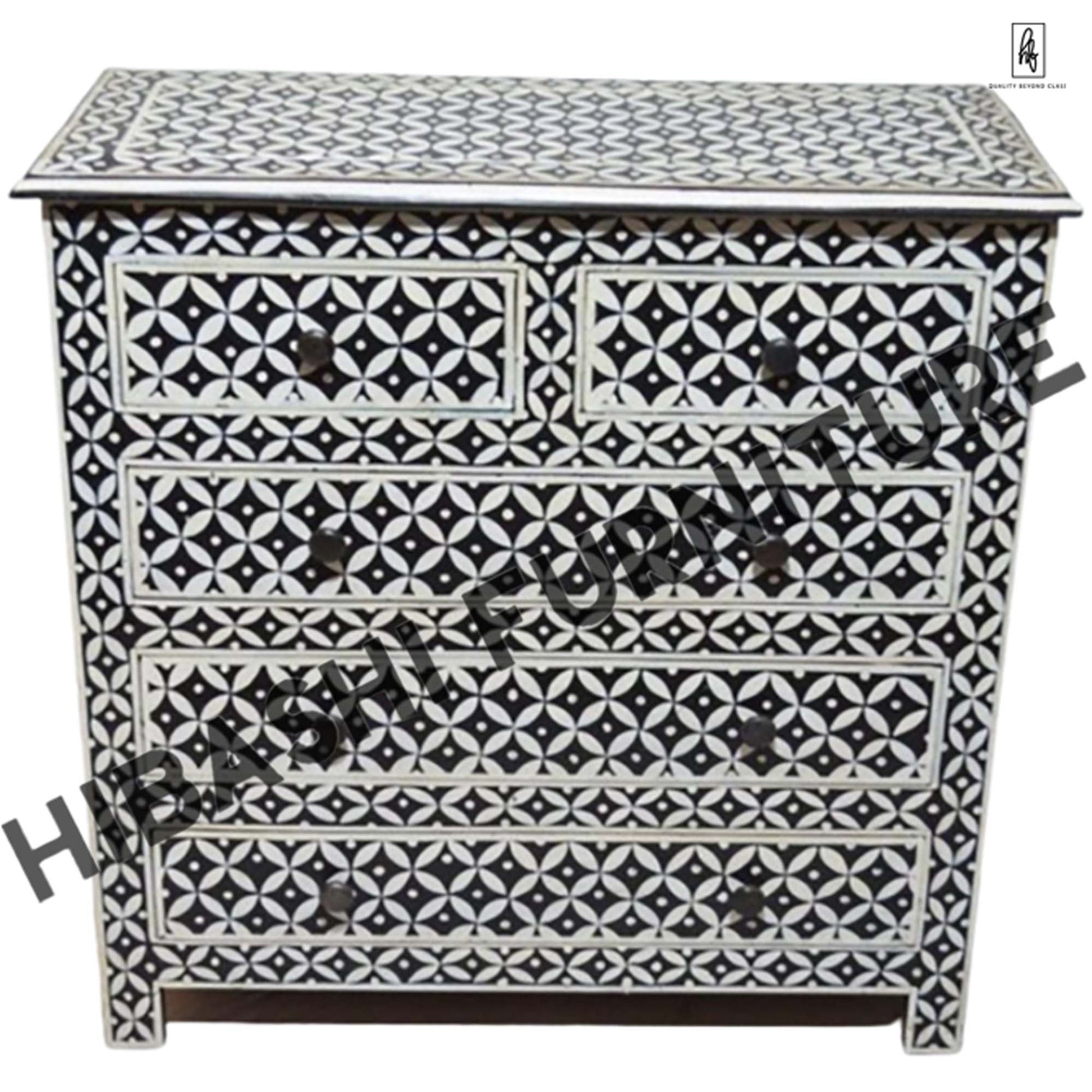 Pandora Bone Inlay Reclaimed Wood Tallboy Chest of 5 Drawers – handcrafted solid wood furniture