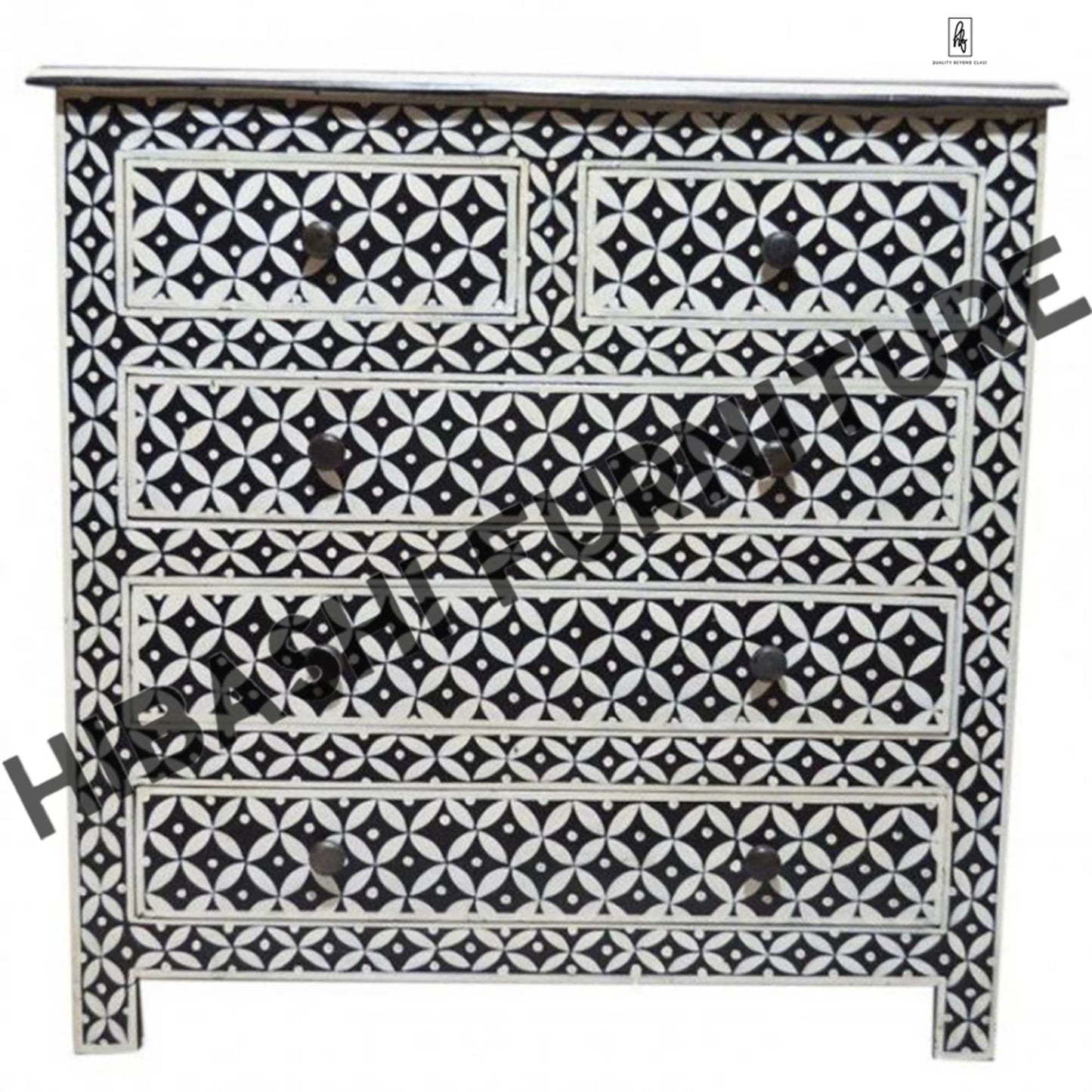 Pandora Bone Inlay Reclaimed Wood Tallboy Chest of 5 Drawers – handcrafted solid wood furniture