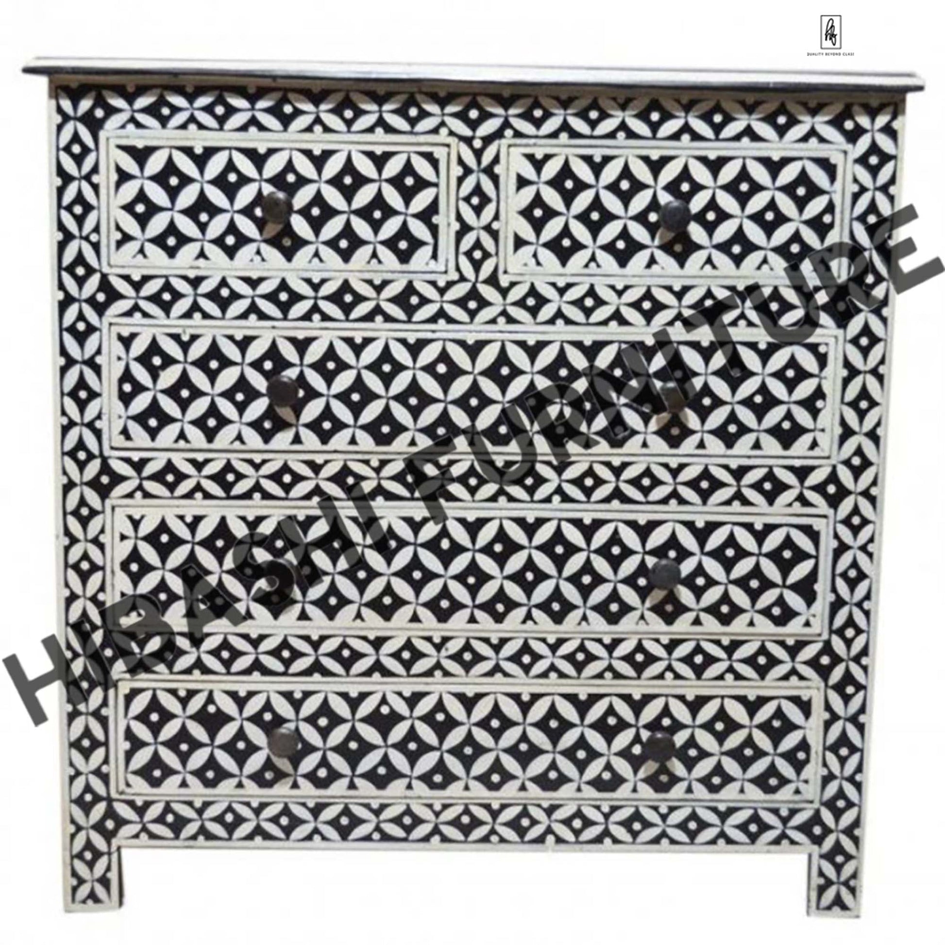 Pandora Bone Inlay Reclaimed Wood Tallboy Chest of 5 Drawers – handcrafted solid wood furniture