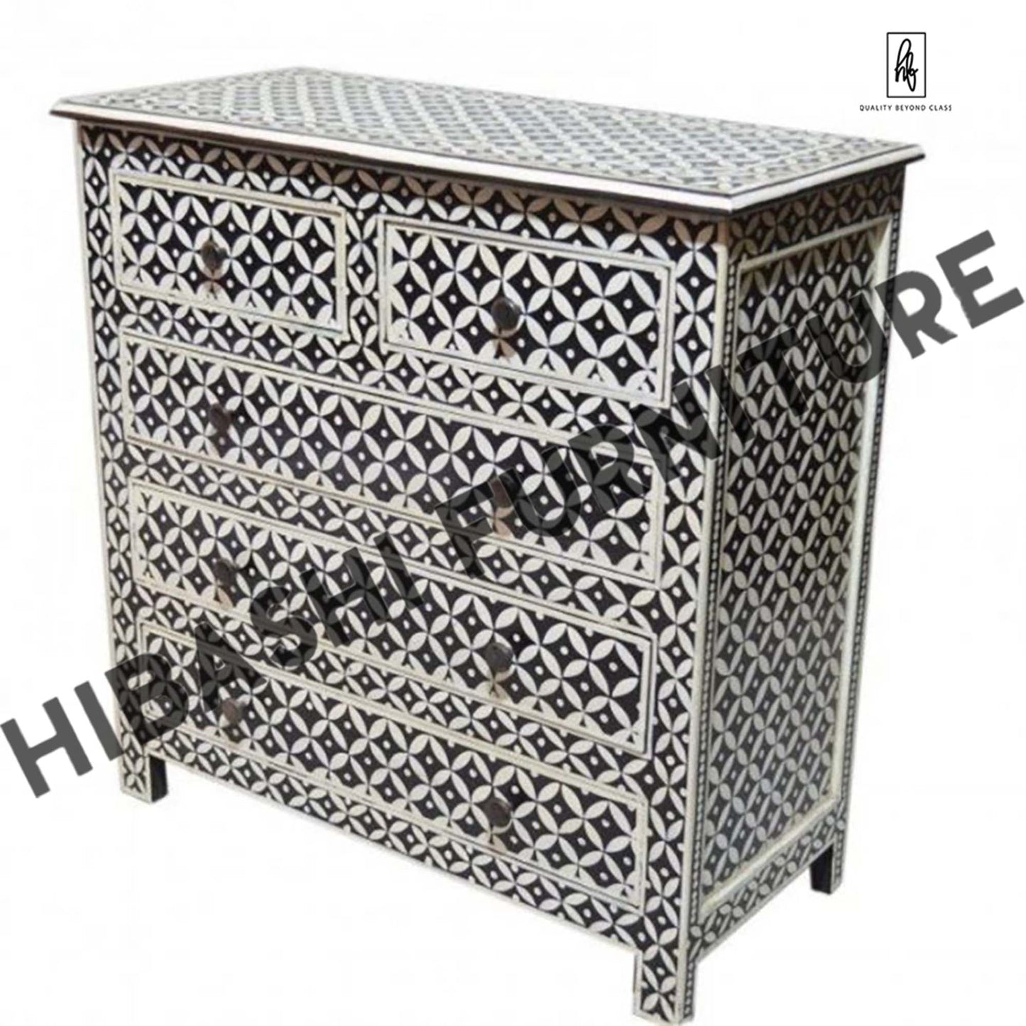 Pandora Bone Inlay Reclaimed Wood Tallboy Chest of 5 Drawers – handcrafted solid wood furniture