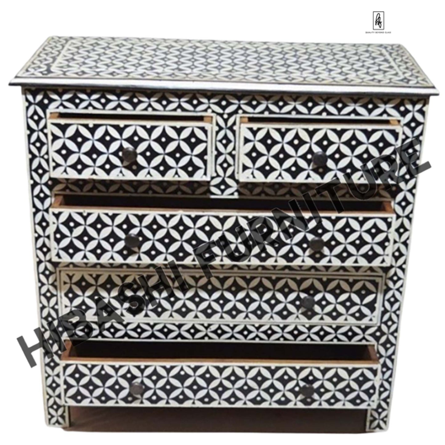 Pandora Bone Inlay Reclaimed Wood Tallboy Chest of 5 Drawers – handcrafted solid wood furniture