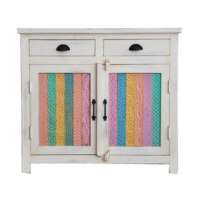 RAINBOW CARVED 2 DOOR WOODEN SIDEBOARD - White - 100 - 40 - 90 – handcrafted solid wood furniture